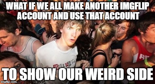 Sudden Clarity Clarence Meme | WHAT IF WE ALL MAKE ANOTHER IMGFLIP ACCOUNT AND USE THAT ACCOUNT; TO SHOW OUR WEIRD SIDE | image tagged in memes,sudden clarity clarence | made w/ Imgflip meme maker