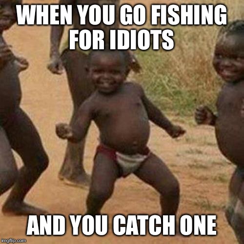 Third World Success Kid Meme | WHEN YOU GO FISHING FOR IDIOTS AND YOU CATCH ONE | image tagged in memes,third world success kid | made w/ Imgflip meme maker