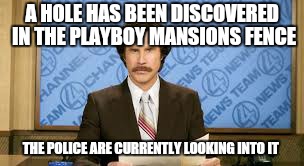 A HOLE HAS BEEN DISCOVERED IN THE PLAYBOY MANSIONS FENCE THE POLICE ARE CURRENTLY LOOKING INTO IT | made w/ Imgflip meme maker