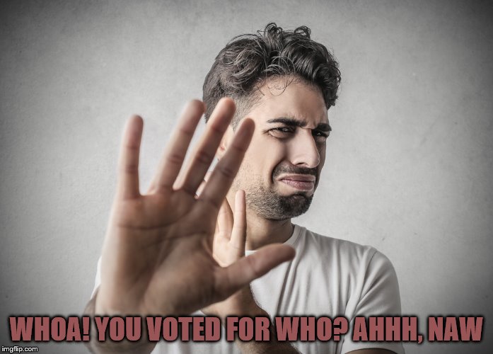 Disgusted | WHOA! YOU VOTED FOR WHO? AHHH, NAW | image tagged in disgusted | made w/ Imgflip meme maker