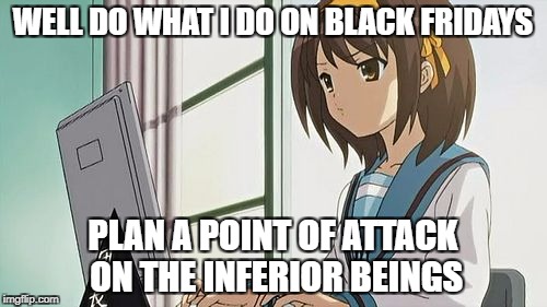 Haruhi Annoyed | WELL DO WHAT I DO ON BLACK FRIDAYS PLAN A POINT OF ATTACK ON THE INFERIOR BEINGS | image tagged in haruhi annoyed | made w/ Imgflip meme maker