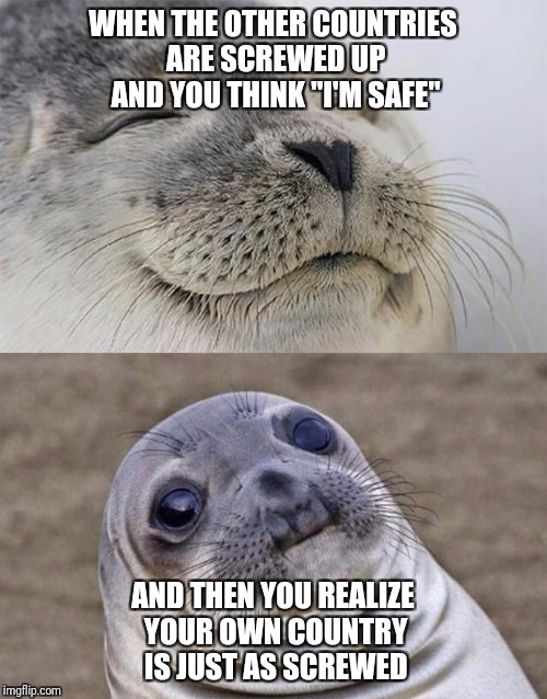 Times like this I understand how Grumpy Cat feels | WHEN THE OTHER COUNTRIES ARE SCREWED UP AND YOU THINK "I'M SAFE"; AND THEN YOU REALIZE YOUR OWN COUNTRY IS JUST AS SCREWED | image tagged in memes,short satisfaction vs truth | made w/ Imgflip meme maker