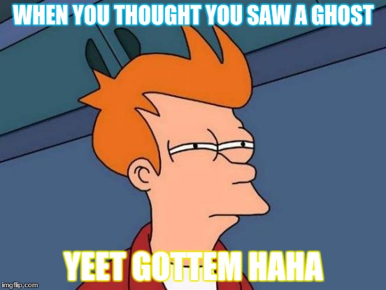 Futurama Fry Meme | WHEN YOU THOUGHT YOU SAW A GHOST; YEET GOTTEM HAHA | image tagged in memes,futurama fry | made w/ Imgflip meme maker