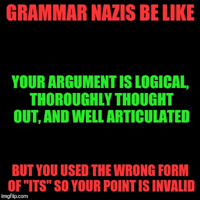 Let's just not mention how grammatically incorrect "Grammar Nazis be like" is | GRAMMAR NAZIS BE LIKE; YOUR ARGUMENT IS LOGICAL, THOROUGHLY THOUGHT OUT, AND WELL ARTICULATED; BUT YOU USED THE WRONG FORM OF "ITS" SO YOUR POINT IS INVALID | image tagged in blank,memes | made w/ Imgflip meme maker