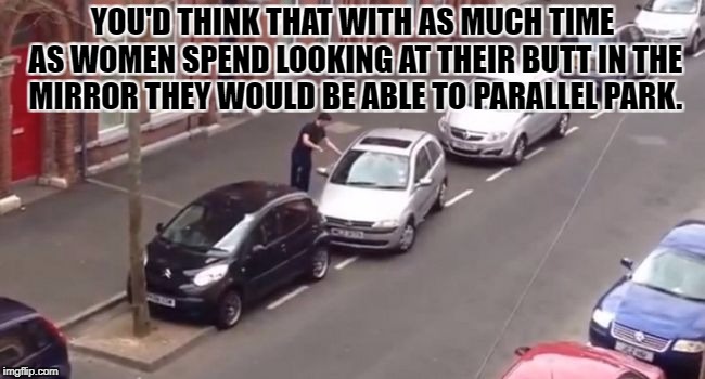 YOU'D THINK THAT WITH AS MUCH TIME AS WOMEN SPEND LOOKING AT THEIR BUTT IN THE MIRROR THEY WOULD BE ABLE TO PARALLEL PARK. | image tagged in parallel parking,funny,memes,funny memes,women,parking | made w/ Imgflip meme maker