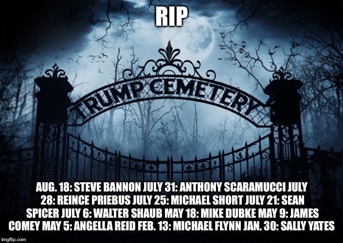 RIP Trump Administration  | RIP; AUG. 18: STEVE BANNON
JULY 31: ANTHONY SCARAMUCCI
JULY 28: REINCE PRIEBUS
JULY 25: MICHAEL SHORT
JULY 21: SEAN SPICER
JULY 6: WALTER SHAUB
MAY 18: MIKE DUBKE
MAY 9: JAMES COMEY
MAY 5: ANGELLA REID
FEB. 13: MICHAEL FLYNN
JAN. 30: SALLY YATES | image tagged in trump administration,rip | made w/ Imgflip meme maker