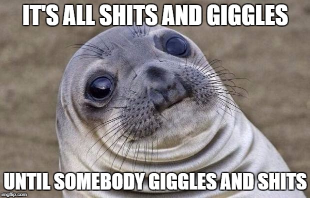 Awkward Moment Sealion Meme | IT'S ALL SHITS AND GIGGLES UNTIL SOMEBODY GIGGLES AND SHITS | image tagged in memes,awkward moment sealion | made w/ Imgflip meme maker