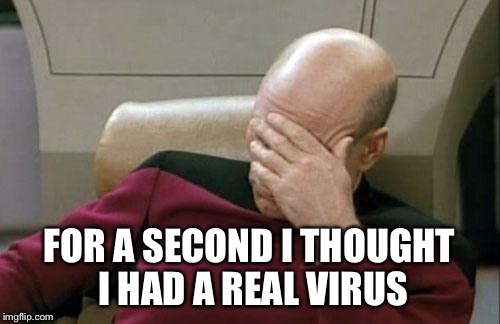 Captain Picard Facepalm Meme | FOR A SECOND I THOUGHT I HAD A REAL VIRUS | image tagged in memes,captain picard facepalm | made w/ Imgflip meme maker