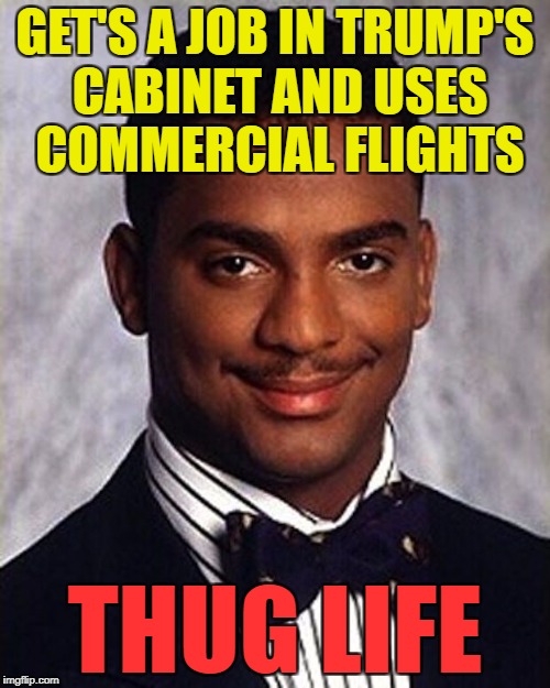 Does EVERYBODY in Trump's cabinet fly on private jets? | GET'S A JOB IN TRUMP'S CABINET AND USES COMMERCIAL FLIGHTS; THUG LIFE | image tagged in carlton banks thug life,memes,politics,trump,private jets,flying | made w/ Imgflip meme maker