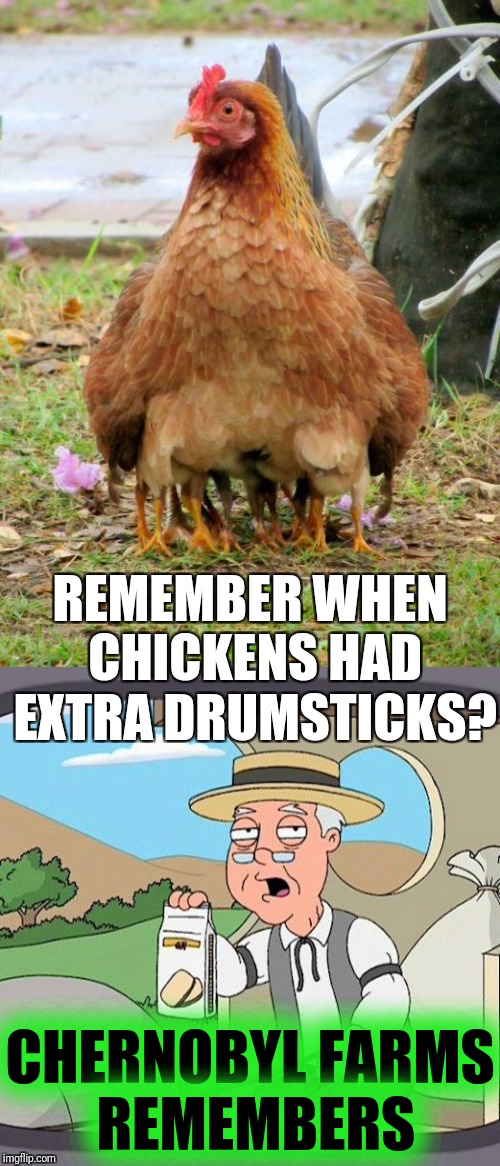 Farm to table fresh! | REMEMBER WHEN CHICKENS HAD EXTRA DRUMSTICKS? CHERNOBYL FARMS REMEMBERS | image tagged in memes,chernobyl,pepperidge farms remembers,pepperidge farm remembers,radioactive,chickens | made w/ Imgflip meme maker