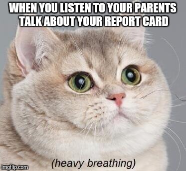 Heavy Breathing Cat Meme | WHEN YOU LISTEN TO YOUR PARENTS TALK ABOUT YOUR REPORT CARD | image tagged in memes,heavy breathing cat | made w/ Imgflip meme maker