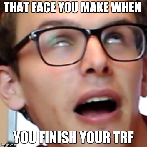 Im gay | THAT FACE YOU MAKE WHEN; YOU FINISH YOUR TRF | image tagged in im gay | made w/ Imgflip meme maker