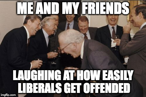 Laughing Men In Suits Meme | ME AND MY FRIENDS; LAUGHING AT HOW EASILY LIBERALS GET OFFENDED | image tagged in memes,laughing men in suits | made w/ Imgflip meme maker