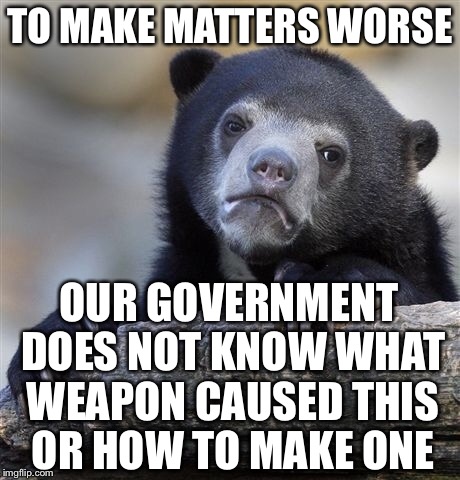 Confession Bear Meme | TO MAKE MATTERS WORSE OUR GOVERNMENT DOES NOT KNOW WHAT WEAPON CAUSED THIS OR HOW TO MAKE ONE | image tagged in memes,confession bear | made w/ Imgflip meme maker