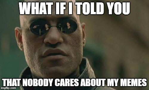 :(
 | WHAT IF I TOLD YOU; THAT NOBODY CARES ABOUT MY MEMES | image tagged in memes,matrix morpheus | made w/ Imgflip meme maker