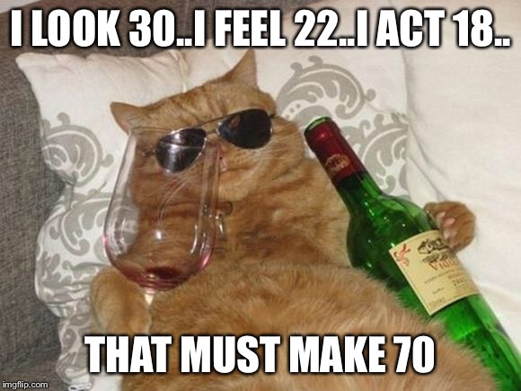 Funny Cat Birthday | I LOOK 30..I FEEL 22..I ACT 18.. THAT MUST MAKE 70 | image tagged in funny cat birthday | made w/ Imgflip meme maker