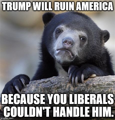 Confession Bear Meme | TRUMP WILL RUIN AMERICA; BECAUSE YOU LIBERALS COULDN'T HANDLE HIM. | image tagged in memes,confession bear | made w/ Imgflip meme maker