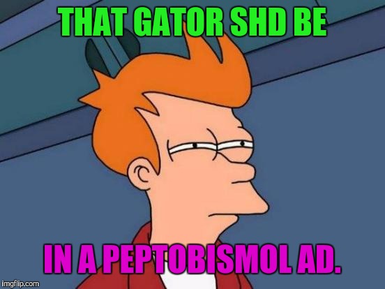 Futurama Fry Meme | THAT GATOR SHD BE IN A PEPTOBISMOL AD. | image tagged in memes,futurama fry | made w/ Imgflip meme maker