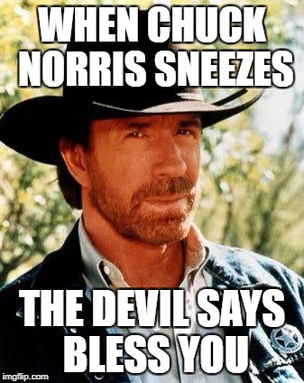 Chuck Norris | WHEN CHUCK NORRIS SNEEZES; THE DEVIL SAYS BLESS YOU | image tagged in memes,chuck norris | made w/ Imgflip meme maker