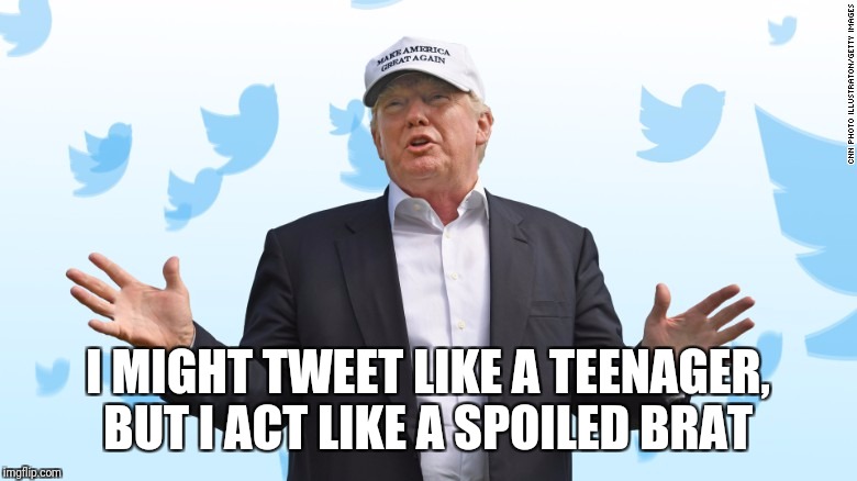 Trump Tweets | I MIGHT TWEET LIKE A TEENAGER, BUT I ACT LIKE A SPOILED BRAT | image tagged in donald trump,twitter | made w/ Imgflip meme maker