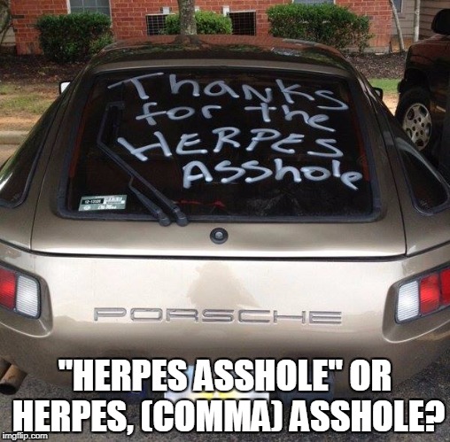 comma needed | "HERPES ASSHOLE" OR HERPES, (COMMA) ASSHOLE? | image tagged in asshole | made w/ Imgflip meme maker