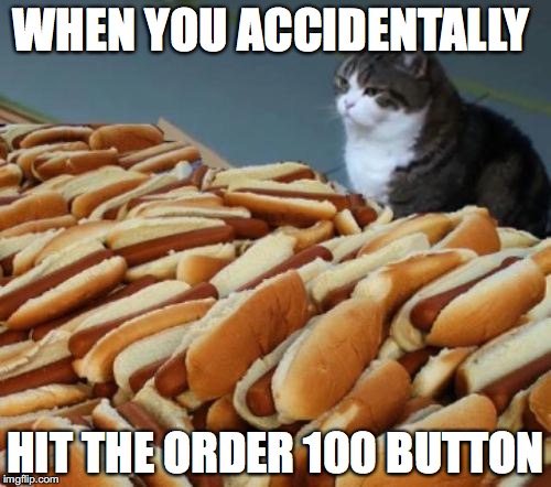 Hot dog cat | WHEN YOU ACCIDENTALLY; HIT THE ORDER 100 BUTTON | image tagged in hot dog cat | made w/ Imgflip meme maker