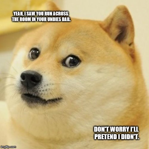 Doge Meme | YEAH, I SAW YOU RUN ACROSS THE ROOM IN YOUR UNDIES DAD. DON'T WORRY I'LL PRETEND I DIDN'T. | image tagged in memes,doge | made w/ Imgflip meme maker