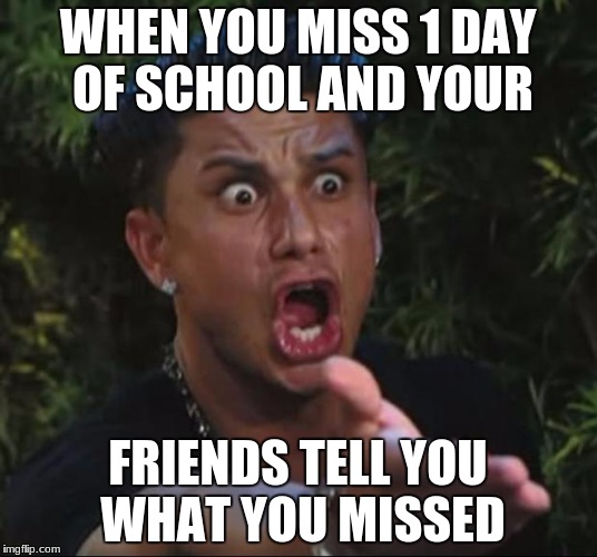 DJ Pauly D Meme | WHEN YOU MISS 1 DAY OF SCHOOL AND YOUR; FRIENDS TELL YOU WHAT YOU MISSED | image tagged in memes,dj pauly d | made w/ Imgflip meme maker
