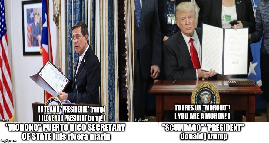 the love between Puerto Rico secretary of state and president trump is a little one sided don't you think? | image tagged in puerto rico secretary of state,moron,trump is a moron,puerto rico,hurricane maria,puerto rico relief | made w/ Imgflip meme maker