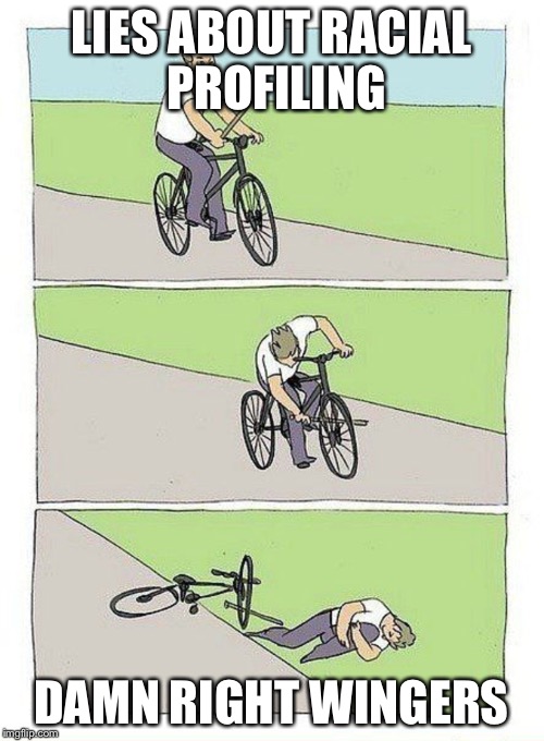 Bike Fall Meme | LIES ABOUT RACIAL PROFILING; DAMN RIGHT WINGERS | image tagged in bike fall | made w/ Imgflip meme maker