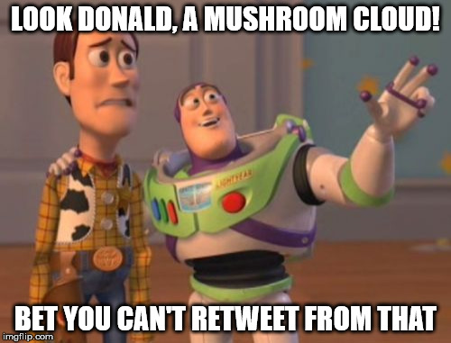 X, X Everywhere | LOOK DONALD, A MUSHROOM CLOUD! BET YOU CAN'T RETWEET FROM THAT | image tagged in memes,x x everywhere | made w/ Imgflip meme maker