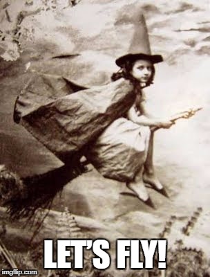 LET’S FLY! | LET’S FLY! | image tagged in witch,halloween,girl,broom,fly | made w/ Imgflip meme maker