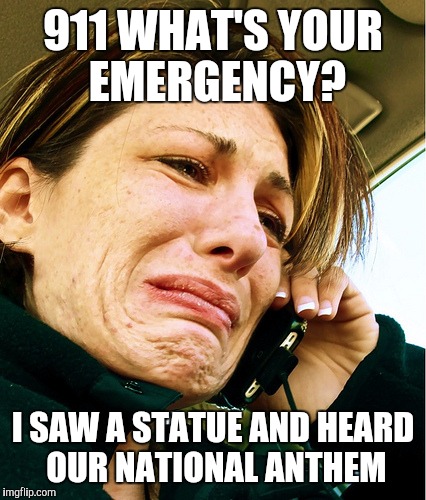 Crying on Phone |  911 WHAT'S YOUR EMERGENCY? I SAW A STATUE AND HEARD OUR NATIONAL ANTHEM | image tagged in crying on phone | made w/ Imgflip meme maker