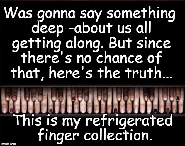 The Only Harmony Will Not Be in This Life | Was gonna say something deep -about us all getting along. But since there's no chance of that, here's the truth... This is my refrigerated finger collection. | image tagged in fingers,piano keyboard,finger collection,vince vance,keeping body parts fresh,harmony | made w/ Imgflip meme maker