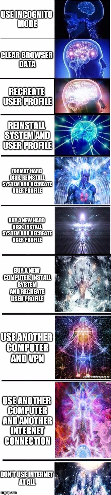 expanding brain | USE INCOGNITO MODE; CLEAR BROWSER DATA; RECREATE USER PROFILE; REINSTALL SYSTEM AND USER PROFILE; FORMAT HARD DISK, REINSTALL SYSTEM AND RECREATE USER PROFILE; BUY A NEW HARD DISK, INSTALL SYSTEM AND RECREATE USER PROFILE; BUY A NEW COMPUTER, INSTALL SYSTEM AND RECREATE USER PROFILE; USE ANOTHER COMPUTER AND VPN; USE ANOTHER COMPUTER AND ANOTHER INTERNET CONNECTION; DON'T USE INTERNET AT ALL | image tagged in expanding brain | made w/ Imgflip meme maker
