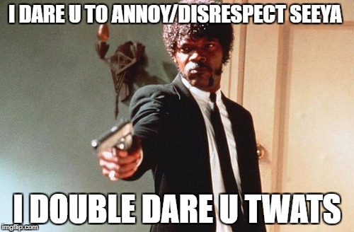 I DOUBLE DARE YOU | I DARE U TO ANNOY/DISRESPECT SEEYA; I DOUBLE DARE U TWATS | image tagged in i double dare you | made w/ Imgflip meme maker