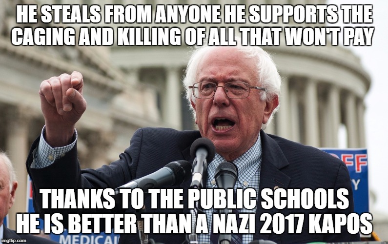 Bernie Sanders | HE STEALS FROM ANYONE HE SUPPORTS THE CAGING AND KILLING OF ALL THAT WON'T PAY; THANKS TO THE PUBLIC SCHOOLS HE IS BETTER THAN A NAZI 2017 KAPOS | image tagged in bernie sanders | made w/ Imgflip meme maker
