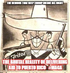 trumps demons | THE DEMONS THAT KEEP TRUMP AWAKE ALL NIGHT; THE BRUTAL REALITY OF DELIVERING AID TO PUERTO RICO   #MAGA | image tagged in maga,puerto rico aid | made w/ Imgflip meme maker