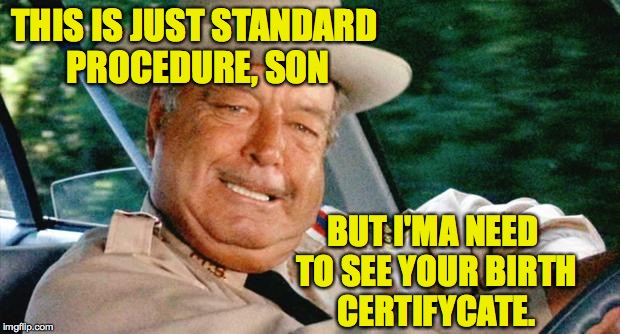 THIS IS JUST STANDARD PROCEDURE, SON BUT I'MA NEED TO SEE YOUR BIRTH CERTIFYCATE. | made w/ Imgflip meme maker