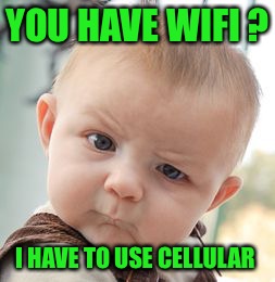 Skeptical Baby Meme | YOU HAVE WIFI ? I HAVE TO USE CELLULAR | image tagged in memes,skeptical baby | made w/ Imgflip meme maker