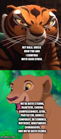 Master Tigress and Nala Comparison  | HEY NALA. GUESS HOW YOU AND I COMPARE WITH EACH OTHER. WE'RE BOTH STRONG, BEAUTIFUL, CARING, COMPASSIONATE, LOYAL, PROTECTIVE, HONEST, CONFIDENT, DETERMINED, MOTHERLY, INDEPENDENT, COURAGEOUS, AND WE'RE BOTH FELINES. | image tagged in memes | made w/ Imgflip meme maker