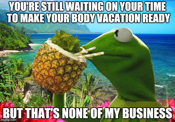 vacation kermit | YOU'RE STILL WAITING ON YOUR TIME TO MAKE YOUR BODY VACATION READY; BUT THAT'S NONE OF MY BUSINESS | image tagged in vacation kermit | made w/ Imgflip meme maker