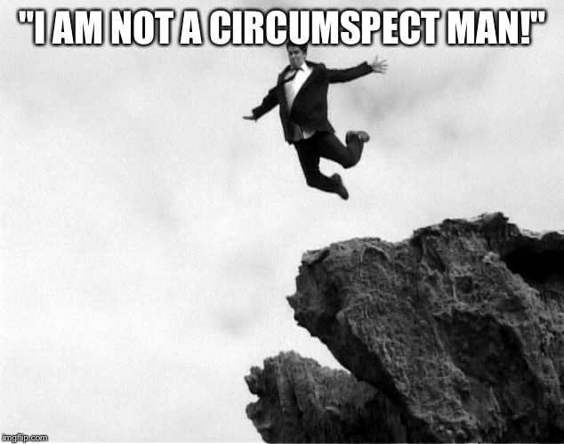 Man Jumping Off a Cliff | "I AM NOT A CIRCUMSPECT MAN!" | image tagged in man jumping off a cliff | made w/ Imgflip meme maker