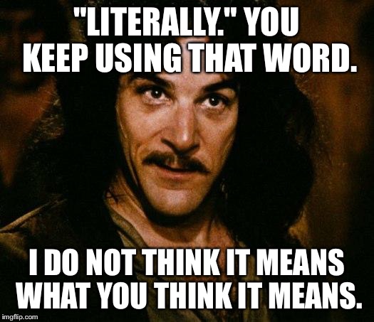 Inigo Montoya Meme | "LITERALLY." YOU KEEP USING THAT WORD. I DO NOT THINK IT MEANS WHAT YOU THINK IT MEANS. | image tagged in memes,inigo montoya | made w/ Imgflip meme maker