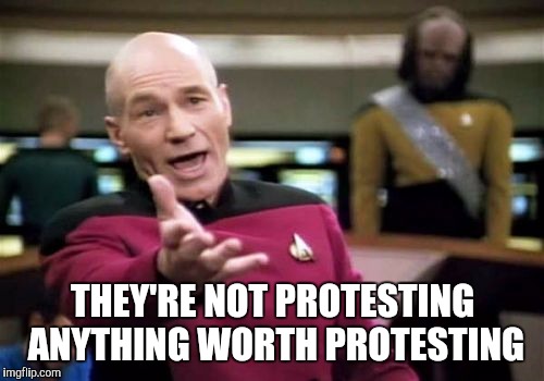 Picard Wtf Meme | THEY'RE NOT PROTESTING ANYTHING WORTH PROTESTING | image tagged in memes,picard wtf | made w/ Imgflip meme maker