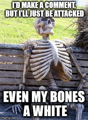 Waiting Skeleton Meme | I'D MAKE A COMMENT, BUT I'LL JUST BE ATTACKED EVEN MY BONES A WHITE | image tagged in memes,waiting skeleton | made w/ Imgflip meme maker