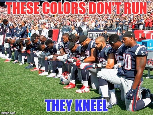 Football Players Kneeling | THESE COLORS DON'T RUN; THEY KNEEL | image tagged in football players kneeling | made w/ Imgflip meme maker