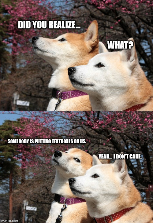Bad pun dogs | DID YOU REALIZE... WHAT? SOMEBODY IS PUTTING TEXTBOXES ON US. YEAH... I DON'T CARE. | image tagged in bad pun dogs,realization | made w/ Imgflip meme maker