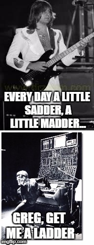 Prog rock | EVERY DAY A LITTLE SADDER, A LITTLE MADDER... GREG, GET ME A LADDER | image tagged in emerson lake | made w/ Imgflip meme maker