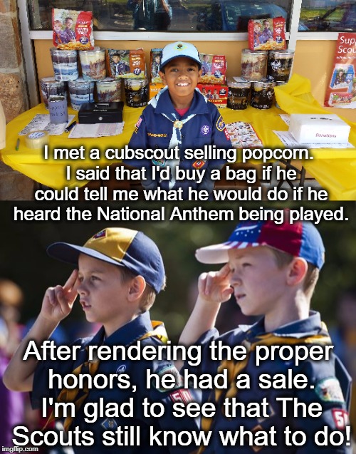 Now, if college educated millionaire athletes could only figure it out... | I met a cubscout selling popcorn. I said that I'd buy a bag if he could tell me what he would do if he heard the National Anthem being played. After rendering the proper honors, he had a sale. I'm glad to see that The Scouts still know what to do! | image tagged in cub scouts,national anthem,take a knee,respect,honor,popcorn | made w/ Imgflip meme maker